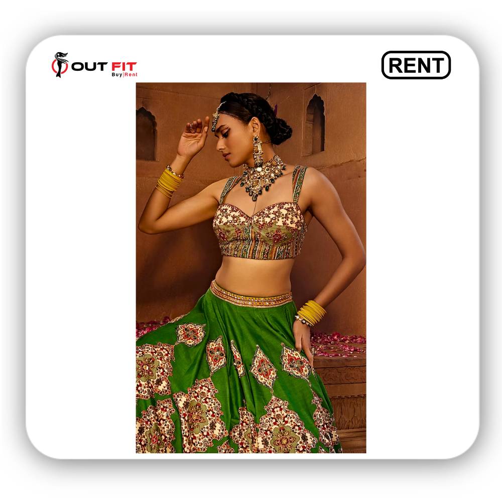 Forest Green Raw Silk Lehenga Set On Rent In Bangalore