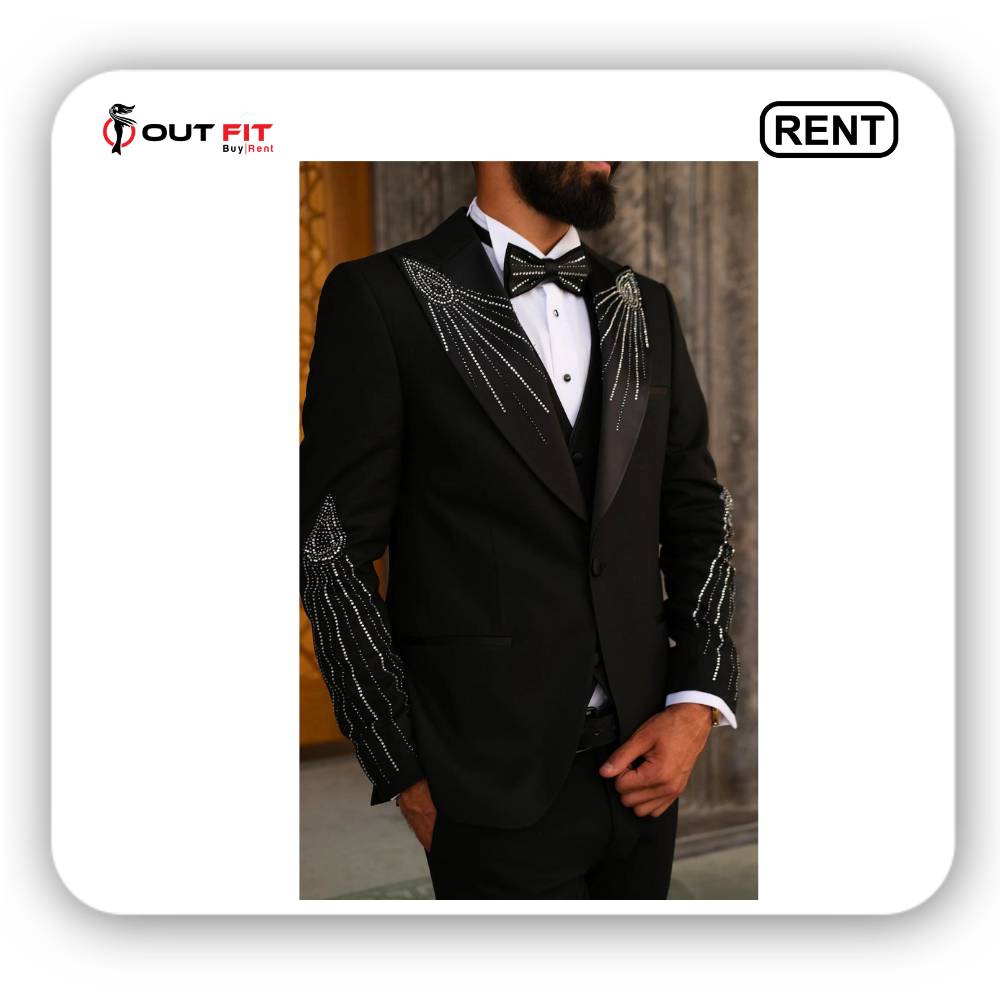 Mens Slim Fit Black Embroidered Tuxedo Peak Lapel for Weddings and special occasions On Rent (2)