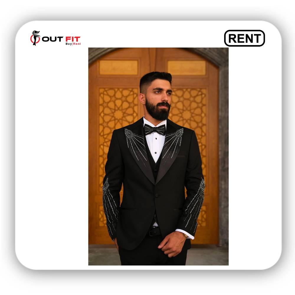 Mens Slim Fit Black Embroidered Tuxedo Peak Lapel for Weddings and special occasions On Rent (3)