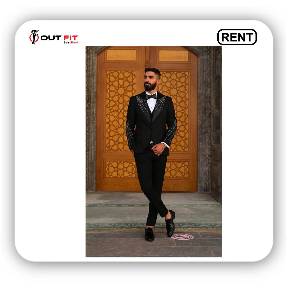 Mens Slim Fit Black Embroidered Tuxedo Peak Lapel for Weddings and special occasions On Rent (4)