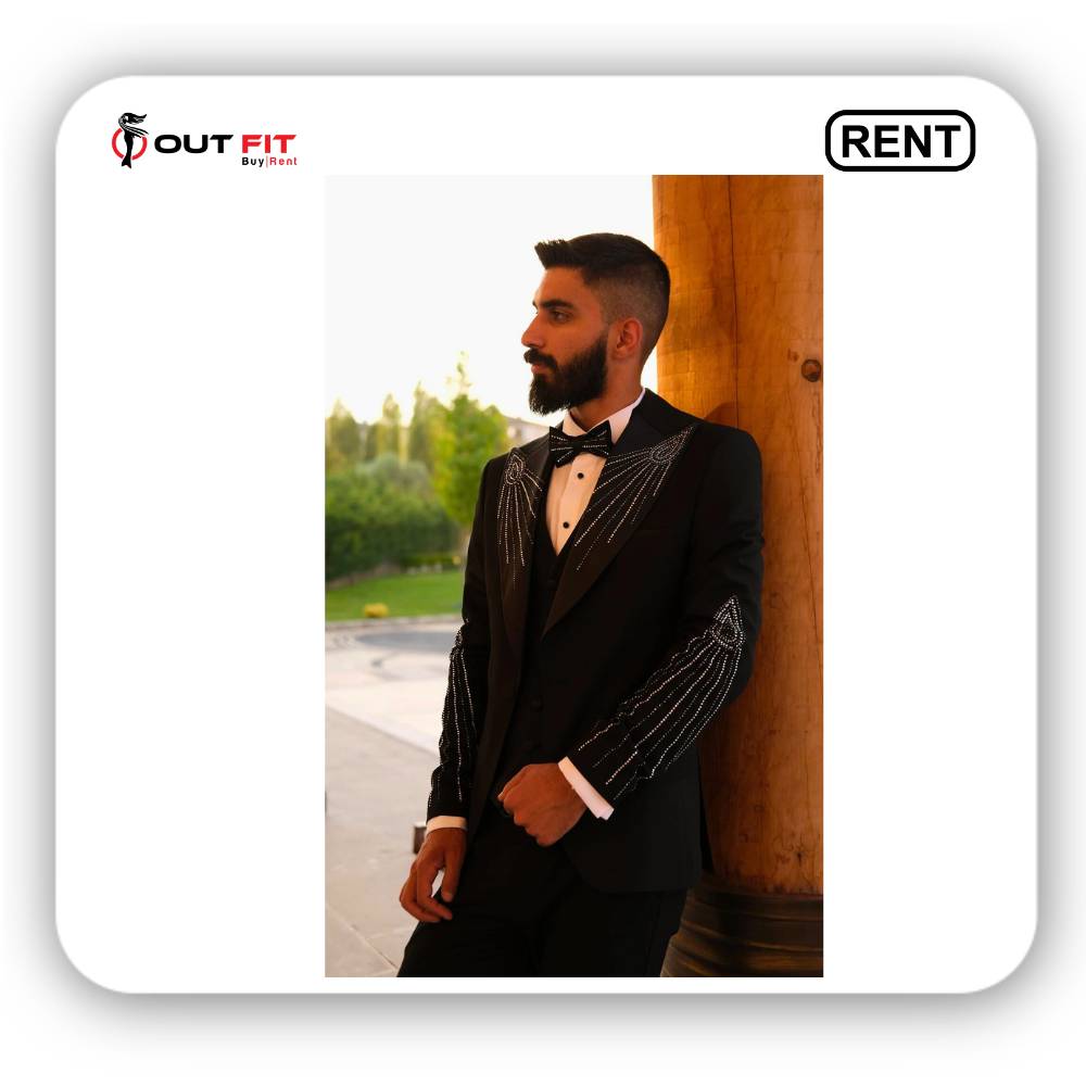 Rent a Slim Fit Black Embroidered Tuxedo for Weddings In Bangalore