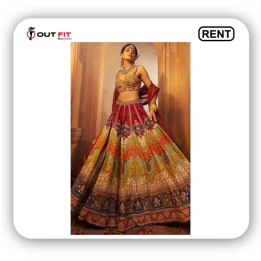 Multi-Colored Raw Silk Hand Embroidered Lehenga Set On Rent (2)