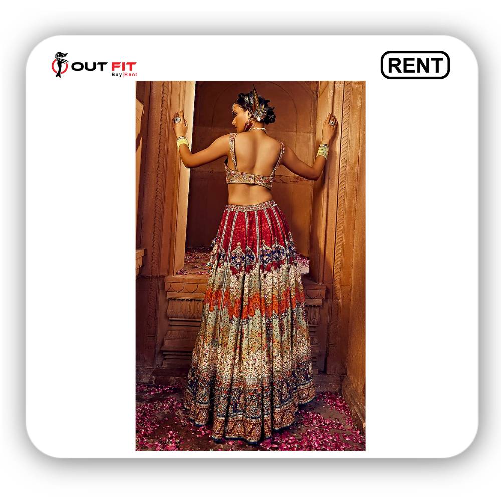 Multi-Colored Raw Silk Hand Embroidered Lehenga Set On Rent (3)