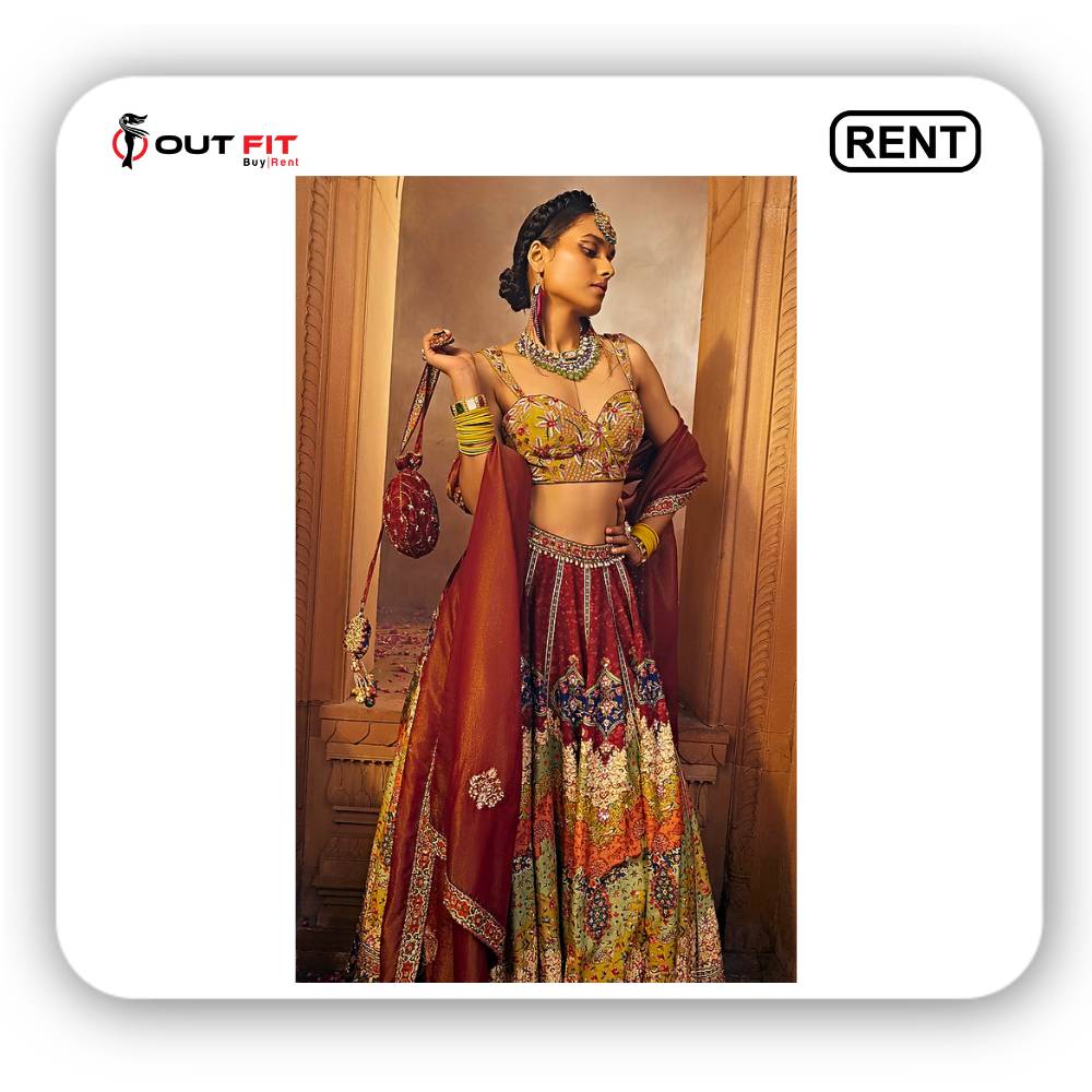 Multi-Colored Raw Silk Hand Embroidered Lehenga Set On Rent