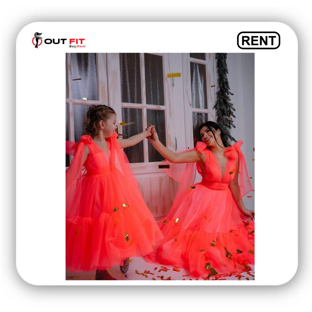 Neon orange Mother Daughter Dress Set on rent in bangalore (2)