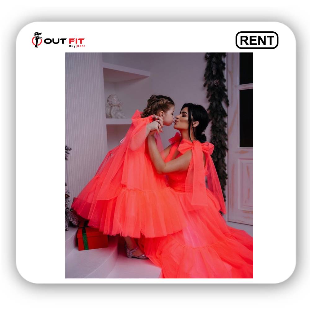 Neon orange Mother Daughter Dress Set on rent in bangalore