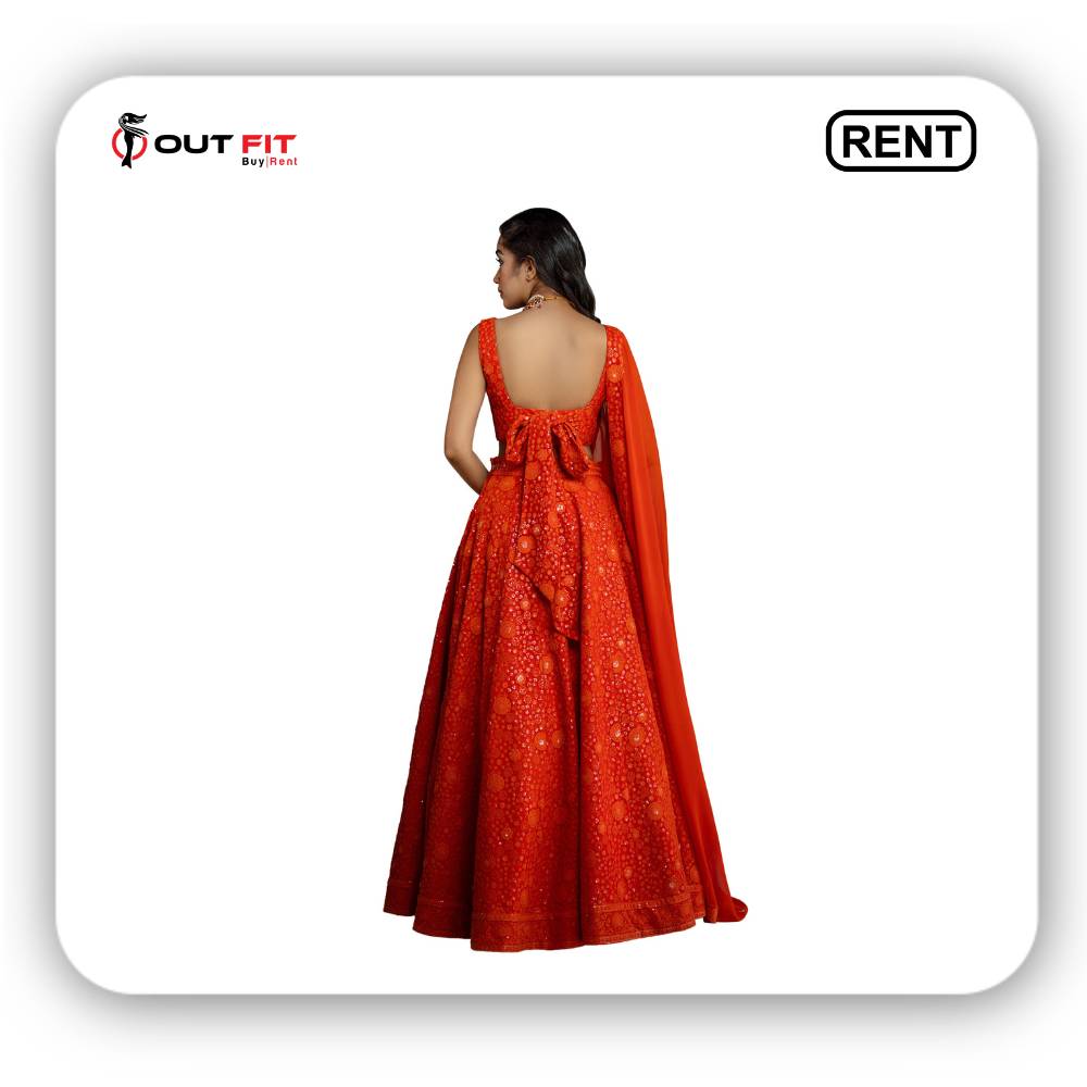 Orange Embroidery Floral Bloom Lehenga Set on Rent in Bangalore (2)