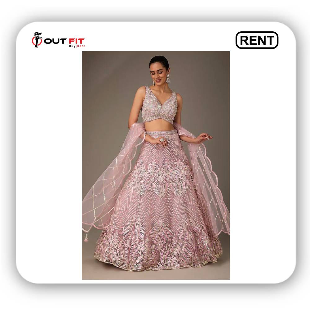 Pink Net Embroidered Lehenga Set On Rent in Bangalore