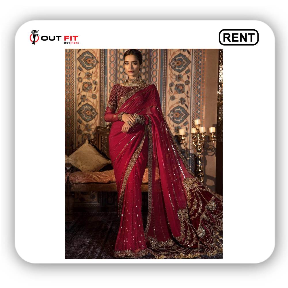 Red Color Heavy Embroidery Hand Made Saree On Rent