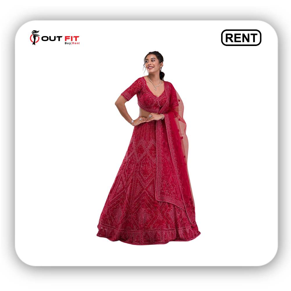 Red Cutdana Net Readymade lehanga On Rent (2)