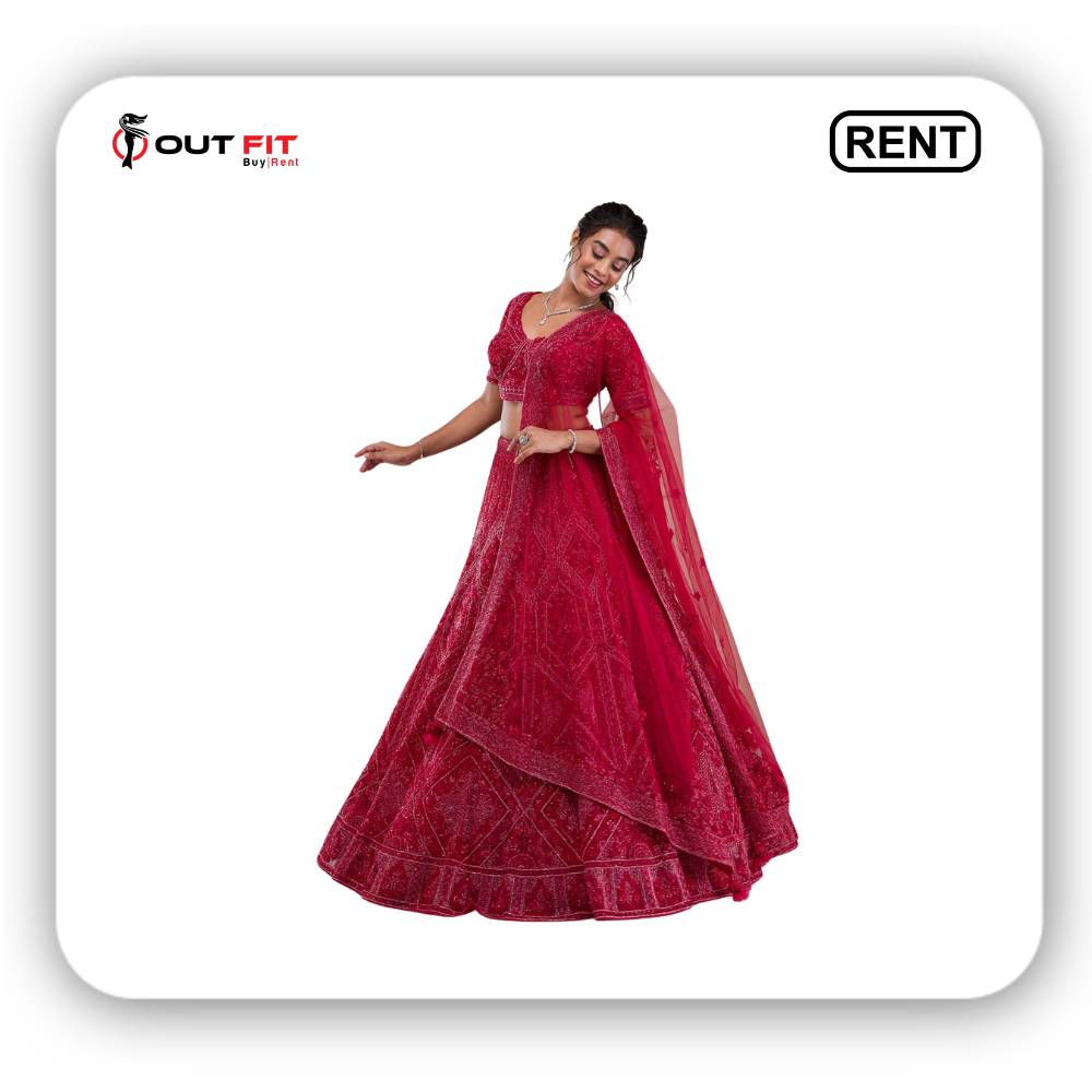 Red Cutdana Net Readymade lehanga On Rent