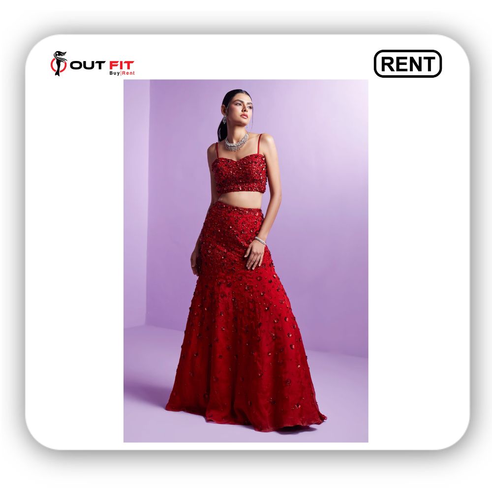 Red Embroidered Jewel Silk Mermaid Lehenga on rent in bangalore (2)