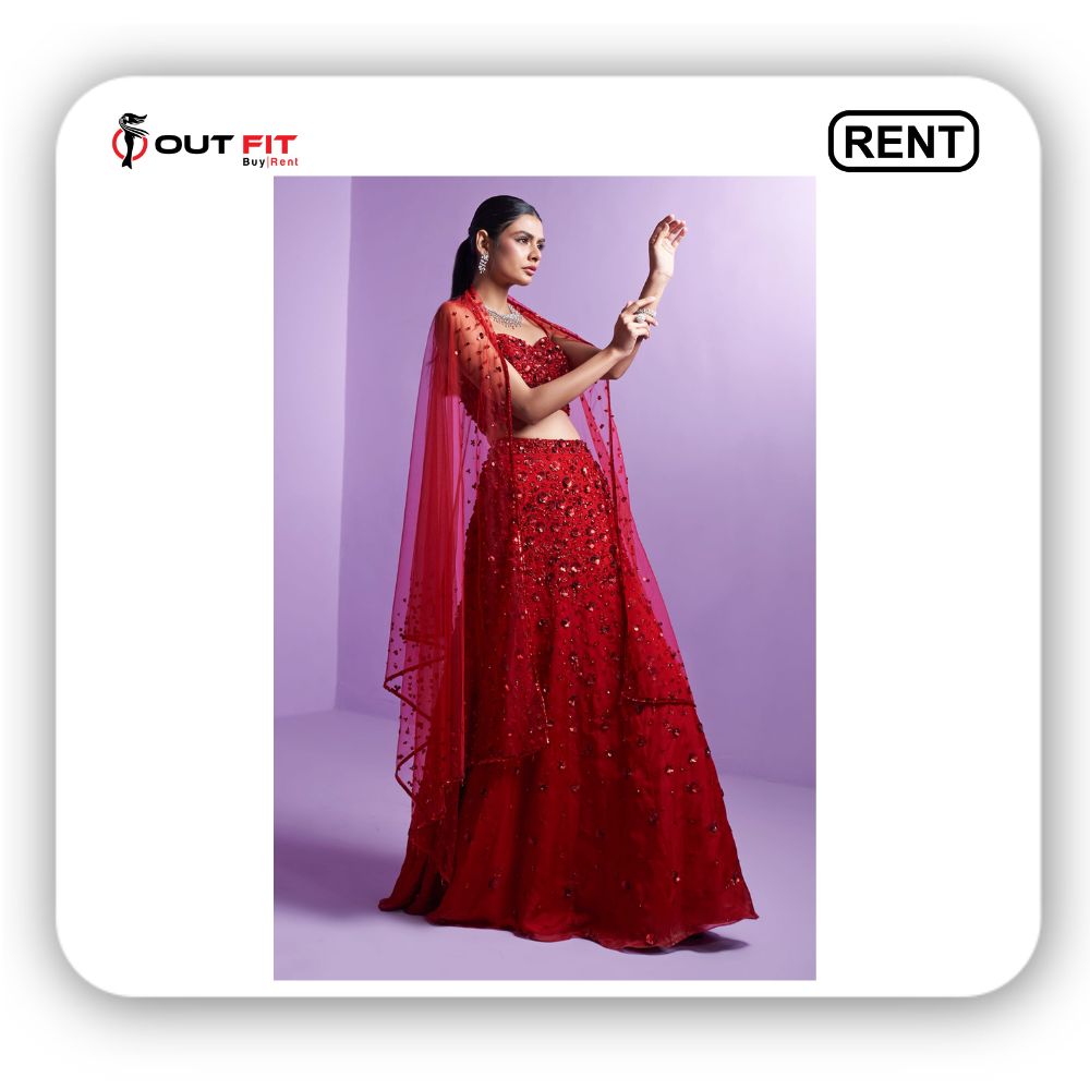 Red Embroidered Jewel Silk Mermaid Lehenga on rent in bangalore