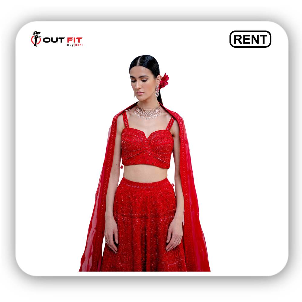 Red Silk Organza Embroidered Bridal Lehenga Set On Rent In Bangalore (2)