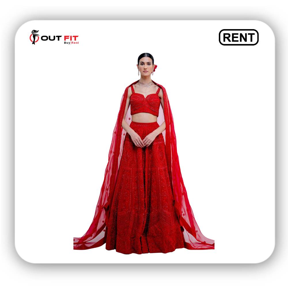 Red Silk Organza Embroidered Bridal Lehenga Set On Rent In Bangalore