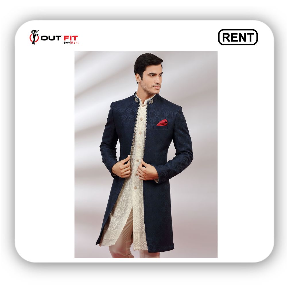 Rent Indo-Western Regal Navy Blue Sherwani Bangalore