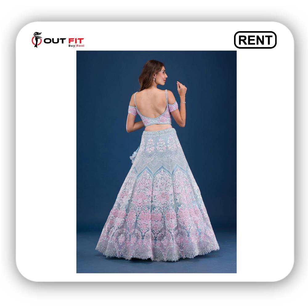 Sky Blue Pearlwork Net lehenga On Rent (3)