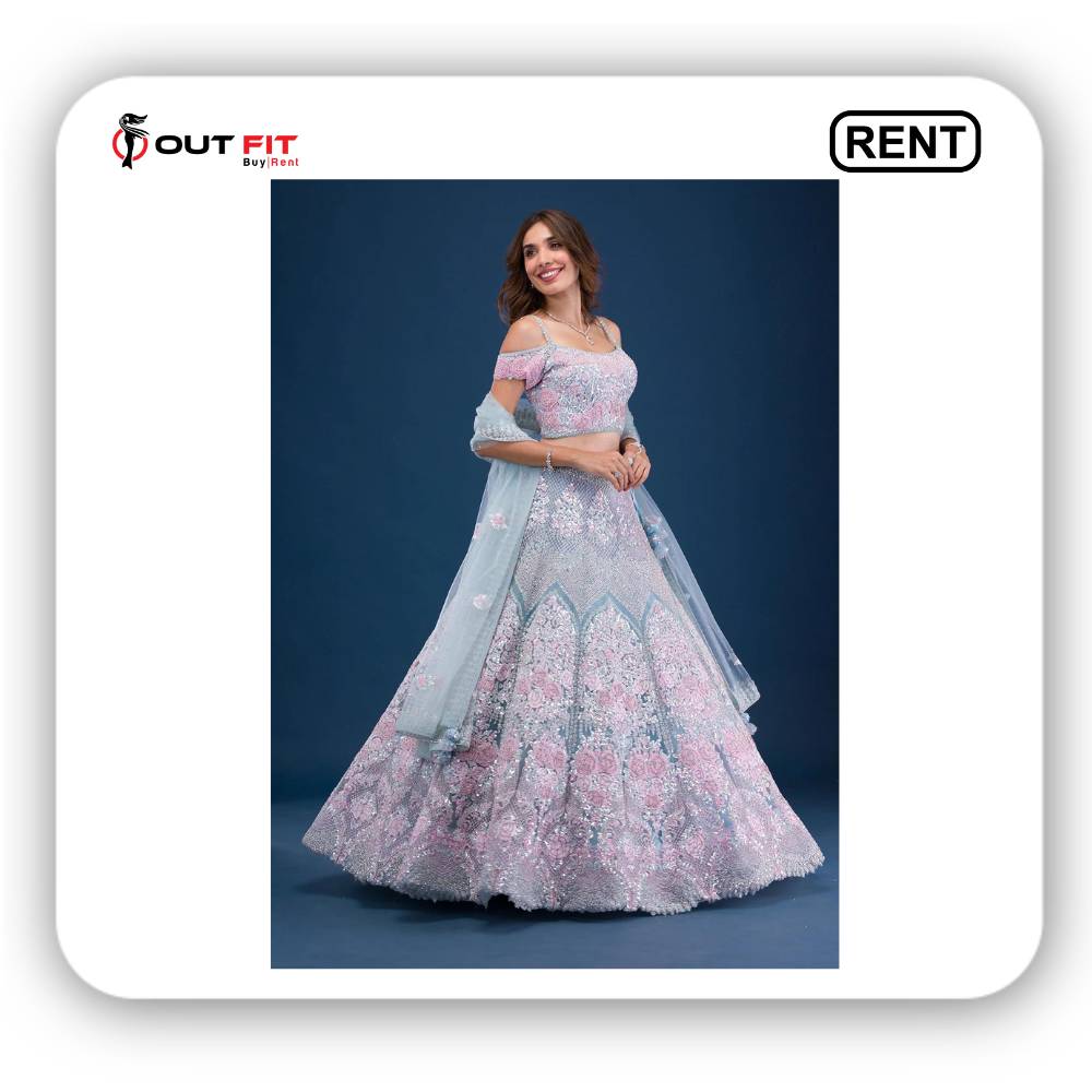 Sky Blue Readymade Lehenga (Pearl work Net) On Rent