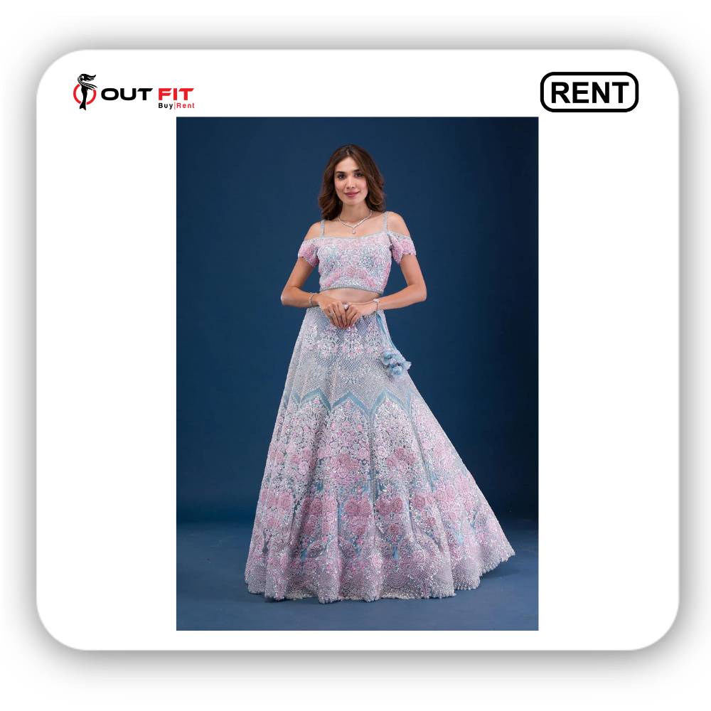 Sky Blue Pearlwork Net lehenga On Rent