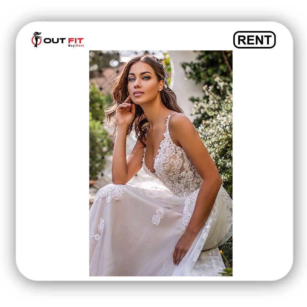 Slim And Deep V Neck Wedding Dress on Rent - 3