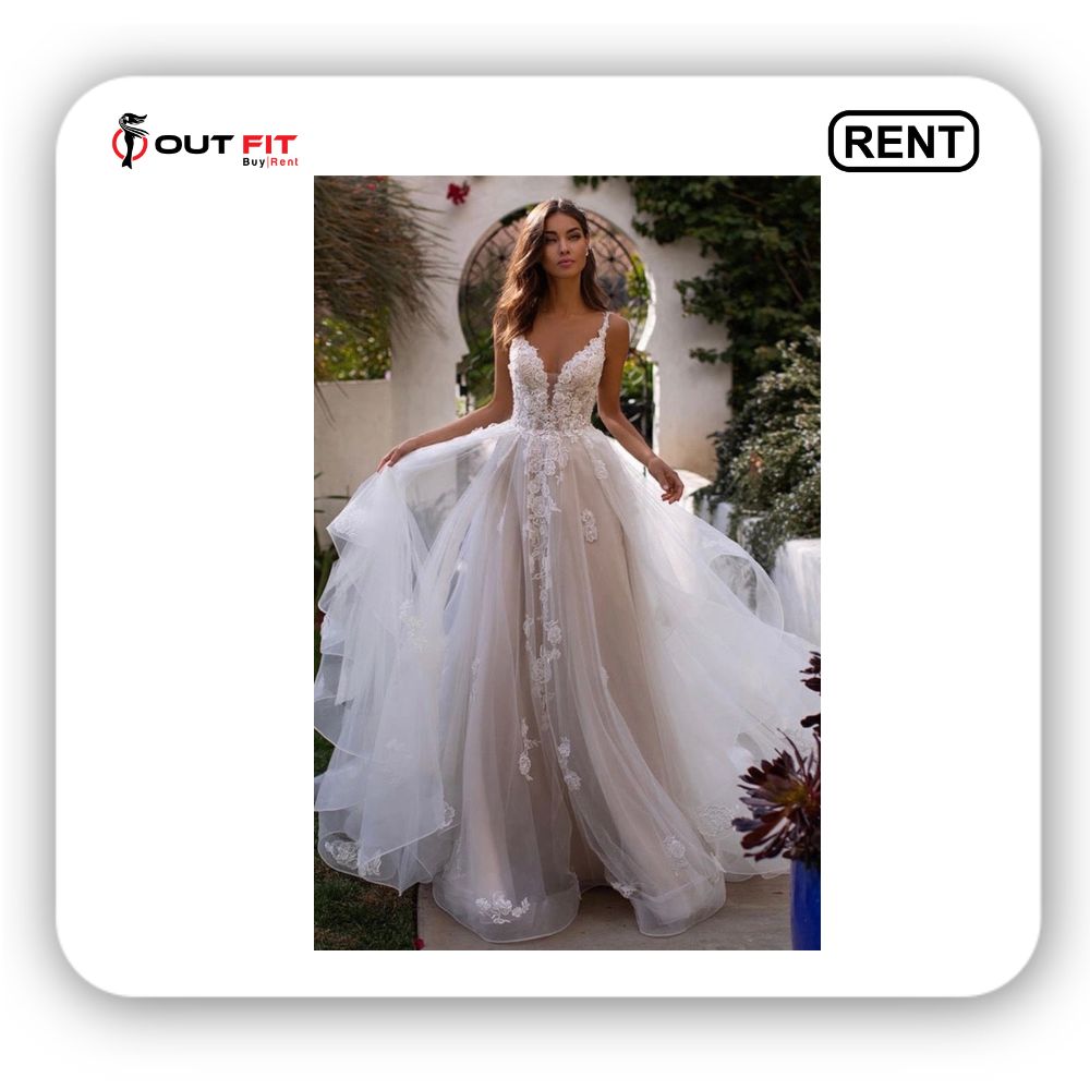 Slim and Deep V Neck Wedding Dress on Rent – Perfect for Your Special Day