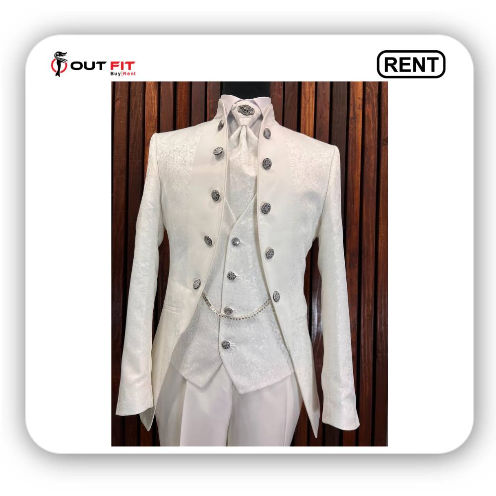 Slim Fit White Tuxedo Suit with Mandarin Collar Rent in Bangalore (2)