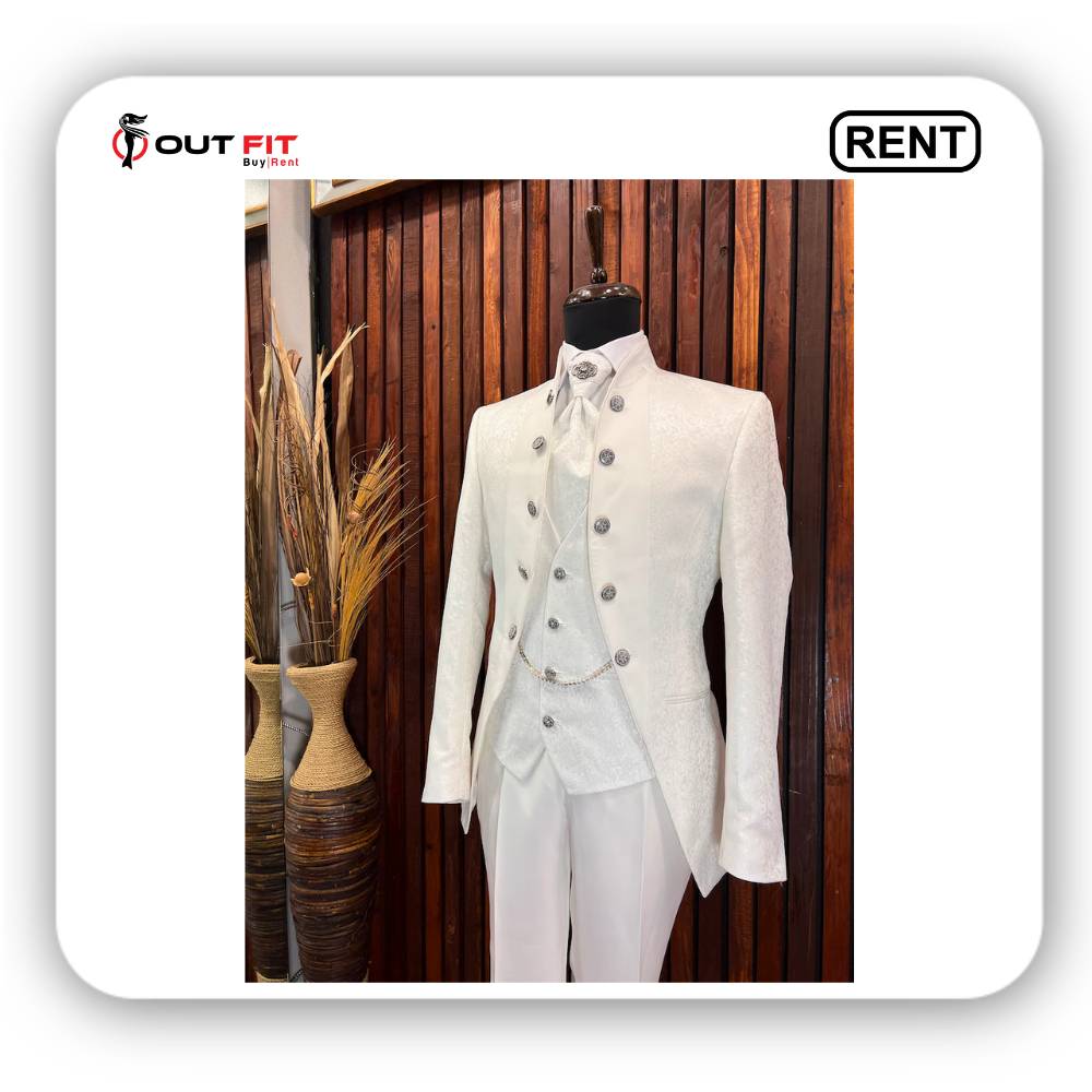 Slim Fit White Tuxedo Suit with Mandarin Collar Rent in Bangalore (3)