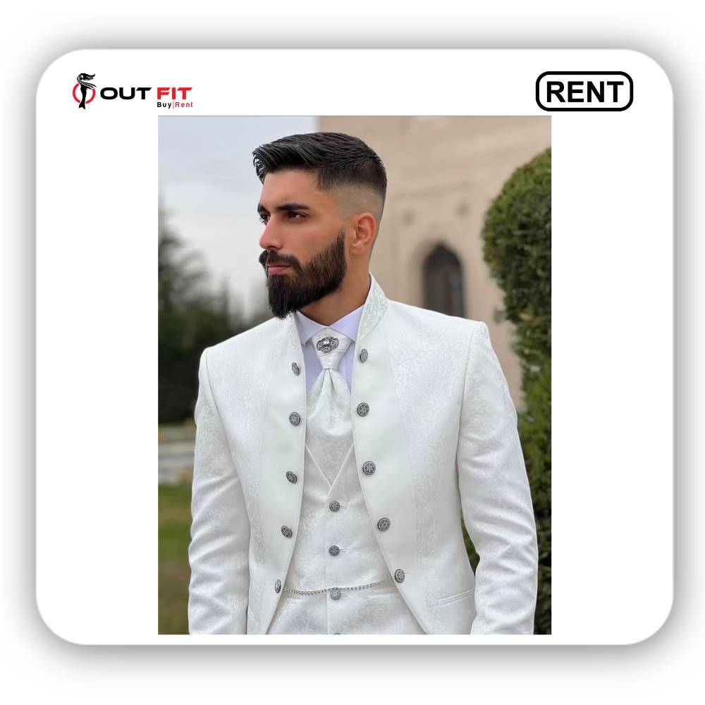 Slim Fit White Tuxedo Suit with Mandarin Collar Rent in Bangalore