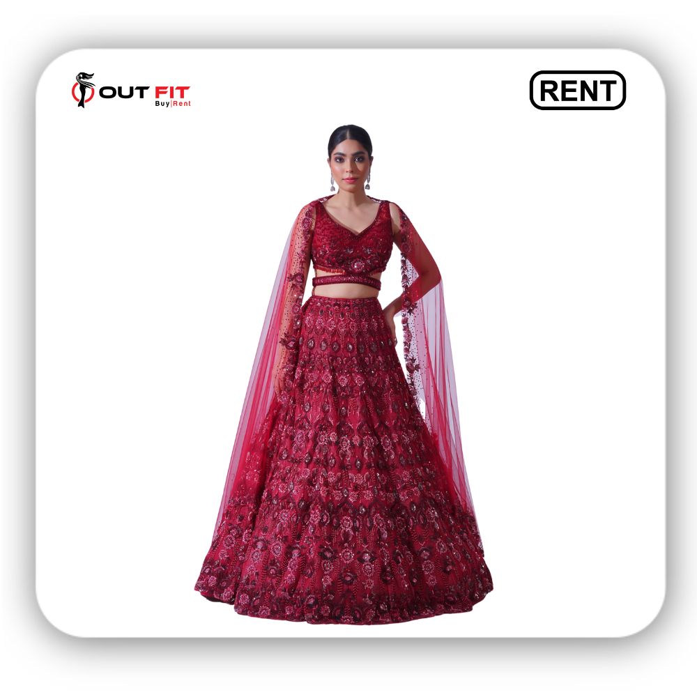 maroon mesh net bridal lehenga set on rent in bangalore (2)