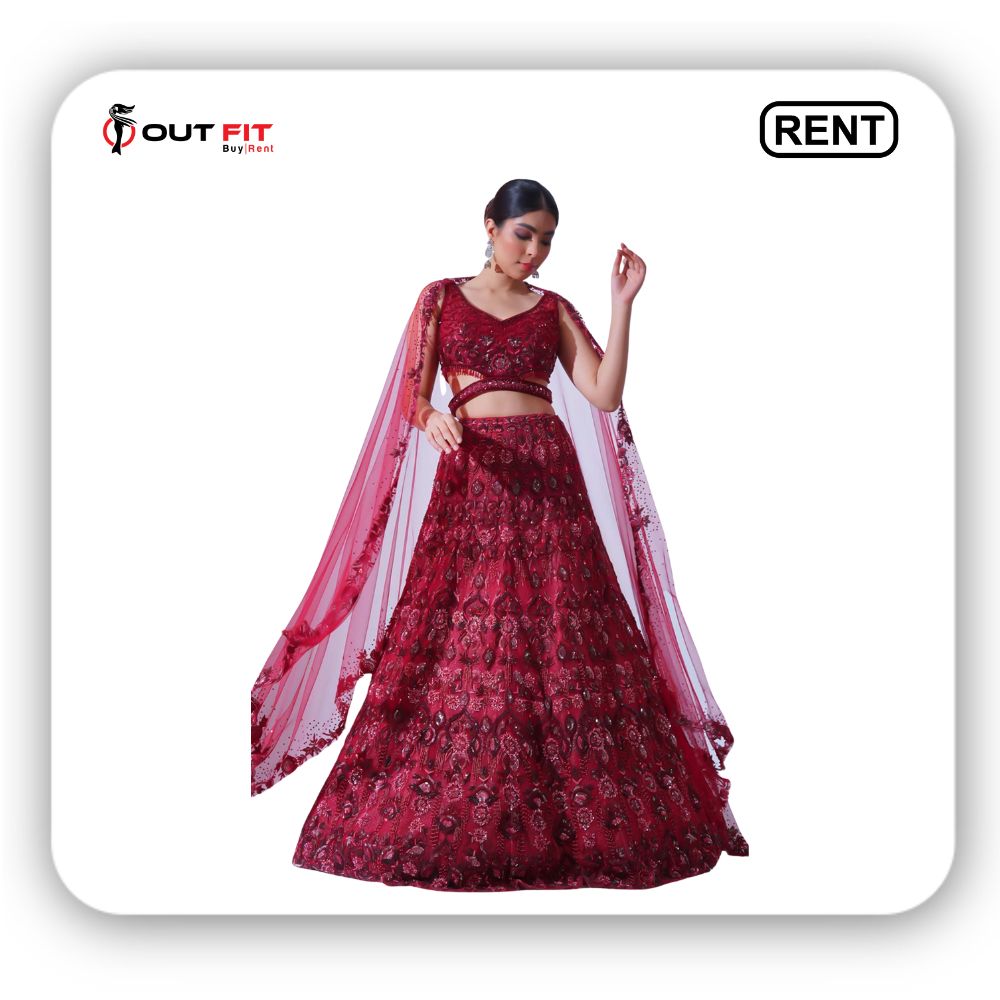 maroon mesh net bridal lehenga set on rent in bangalore (3)