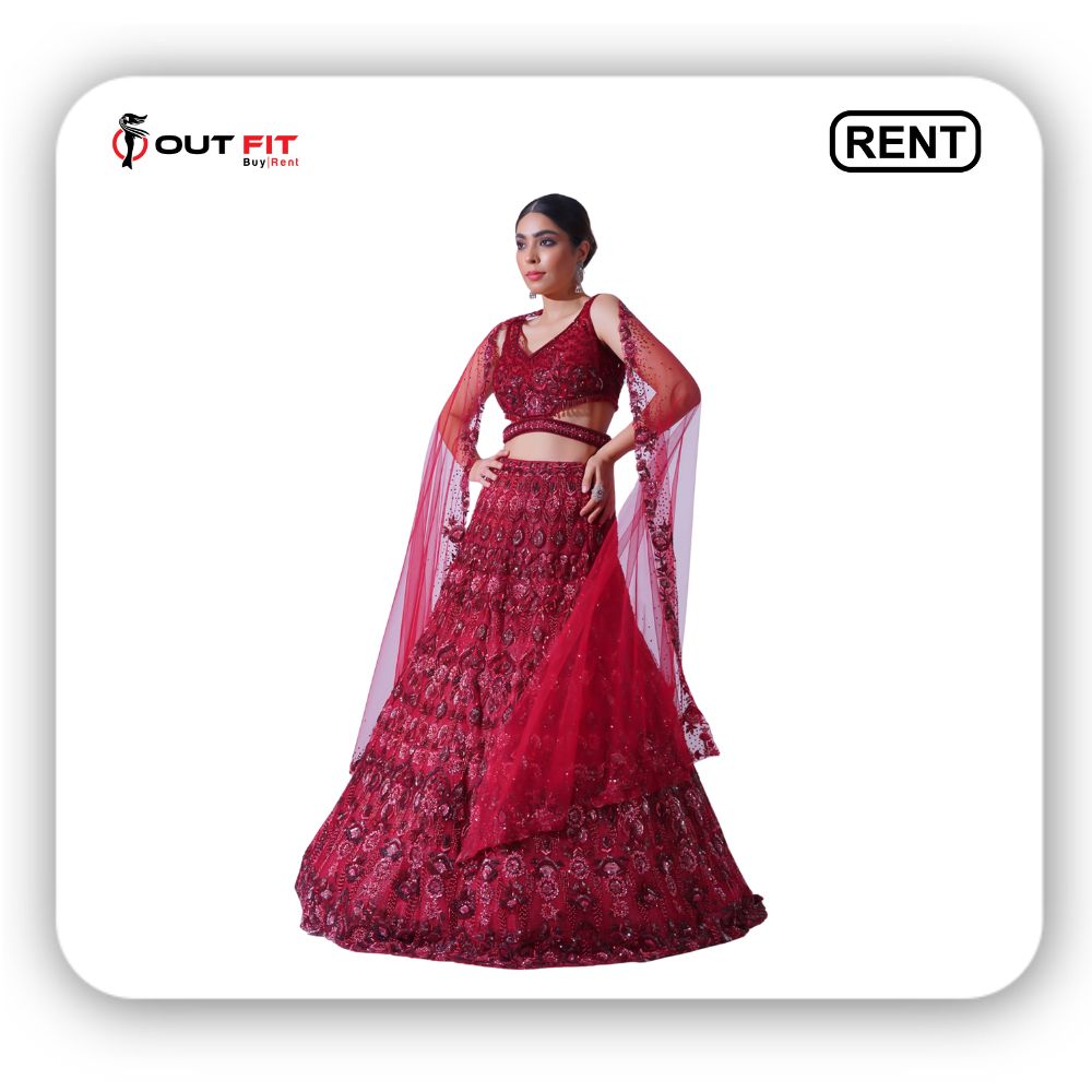 maroon mesh net bridal lehenga set on rent in bangalore