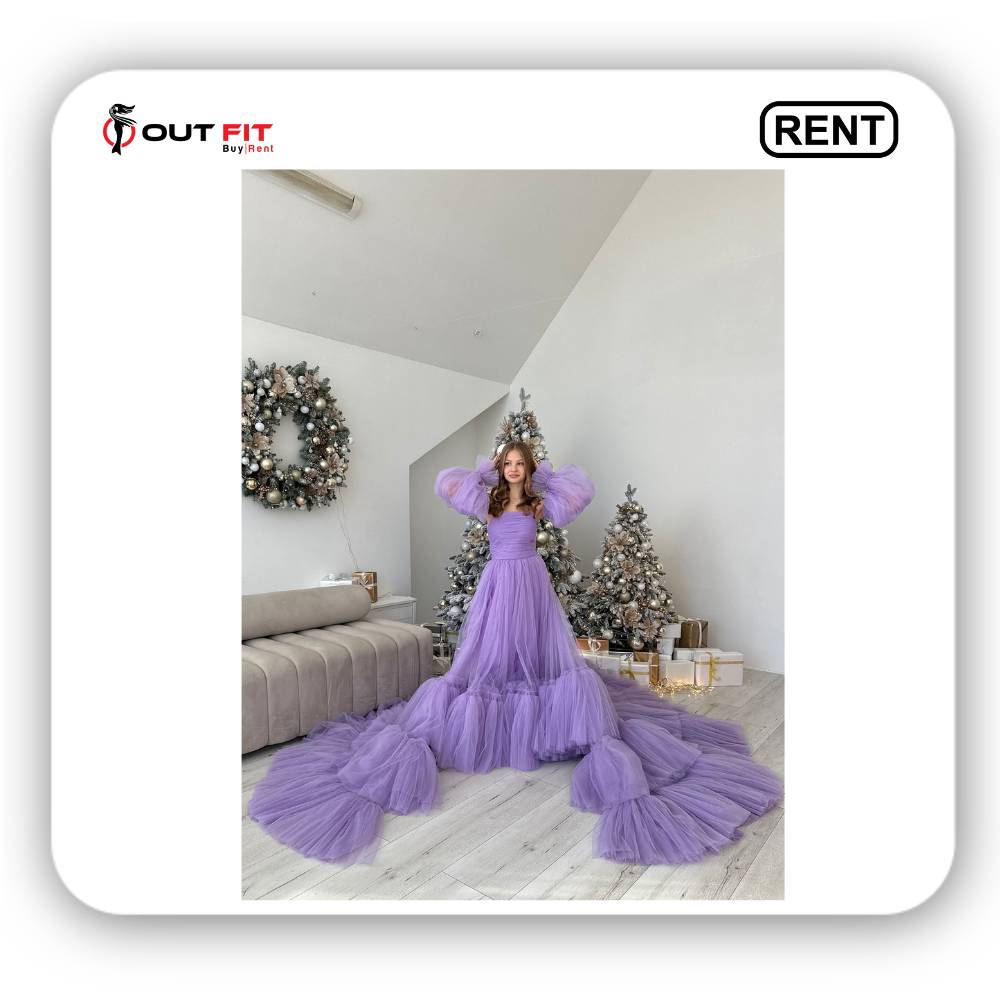 purple long tail tulle dress on rent in bangalore