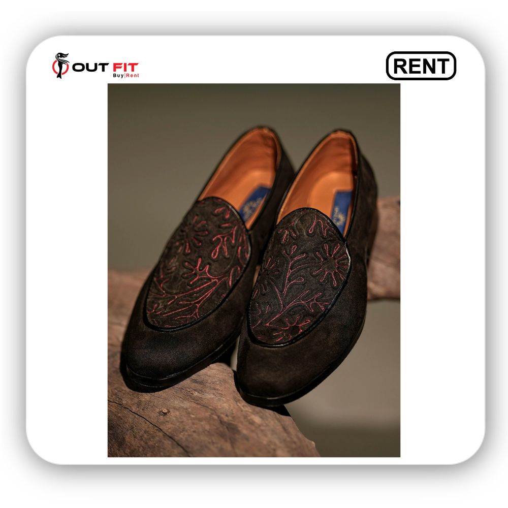 Black Thread And Cord Embroidered Leaf Loafers On Rent In Bangalore (2)