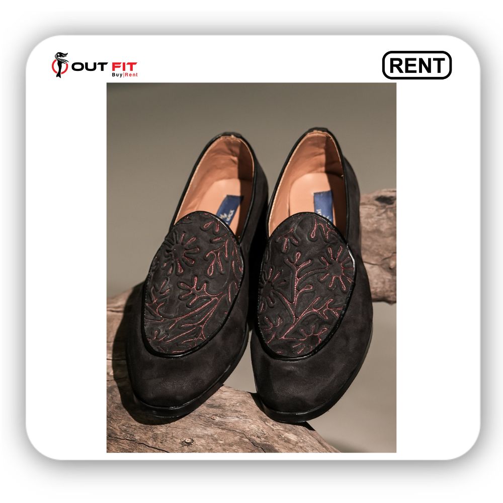 Black Thread And Cord Embroidered Leaf Loafers On Rent In Bangalore