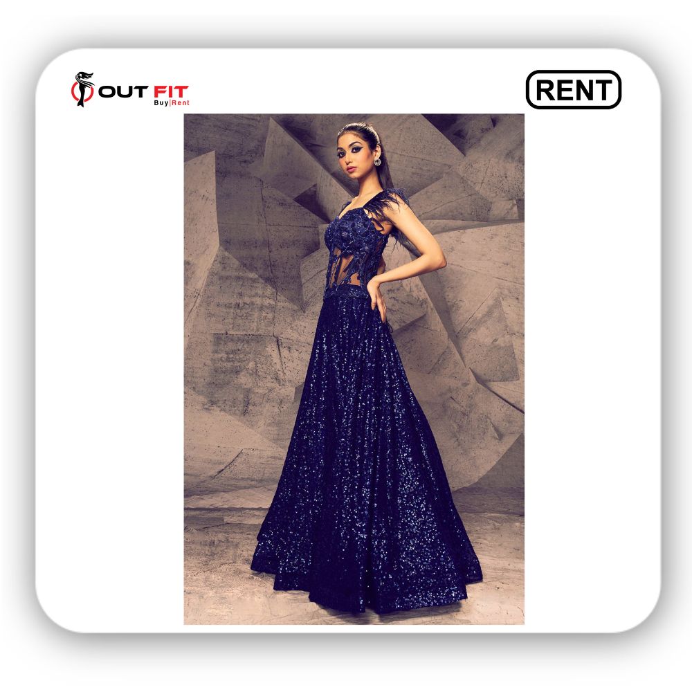 Blue Georgette Embroidered Bead Sweetheart Shimmering And Sequin Gown On Rent In Bangalore (2)