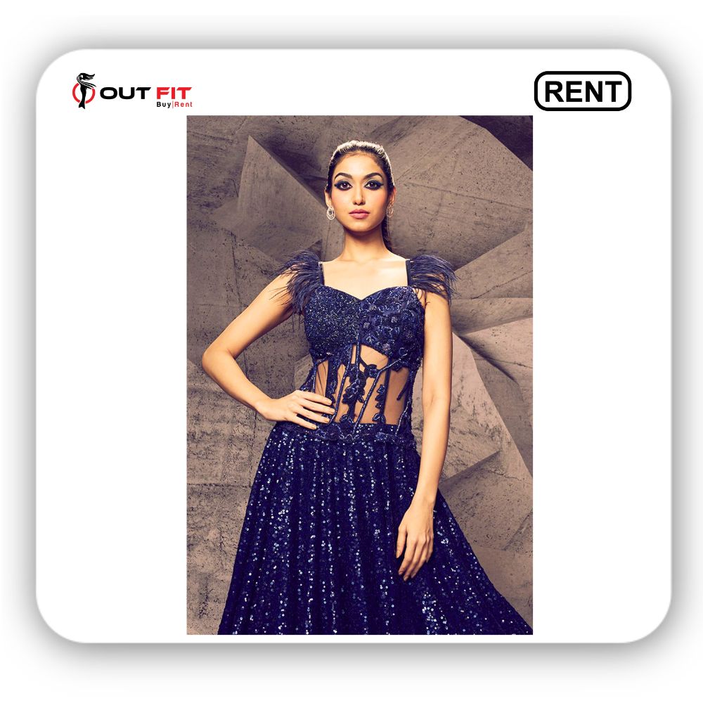 Blue Georgette Embroidered Bead Sweetheart Shimmering And Sequin Gown On Rent In Bangalore