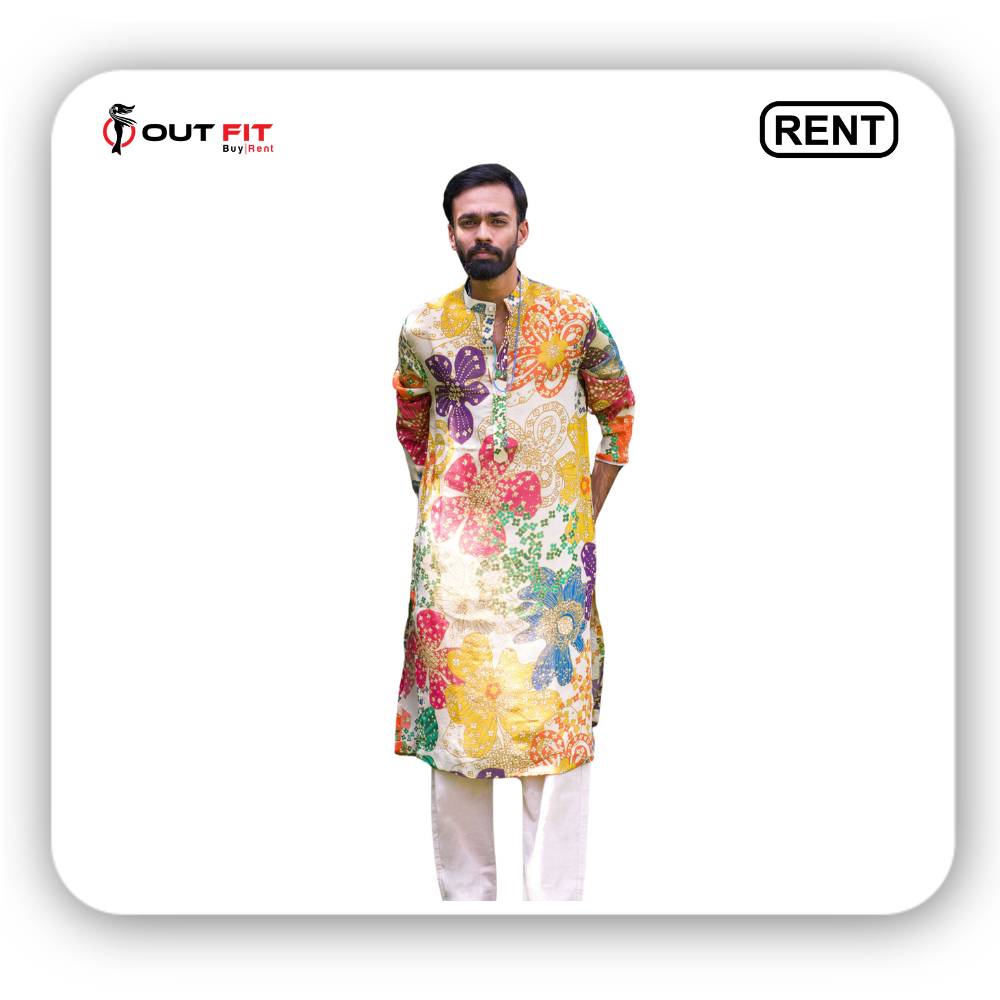 Men's Off White Tissue Organza Print Kurta with Pant on rent in bangalore