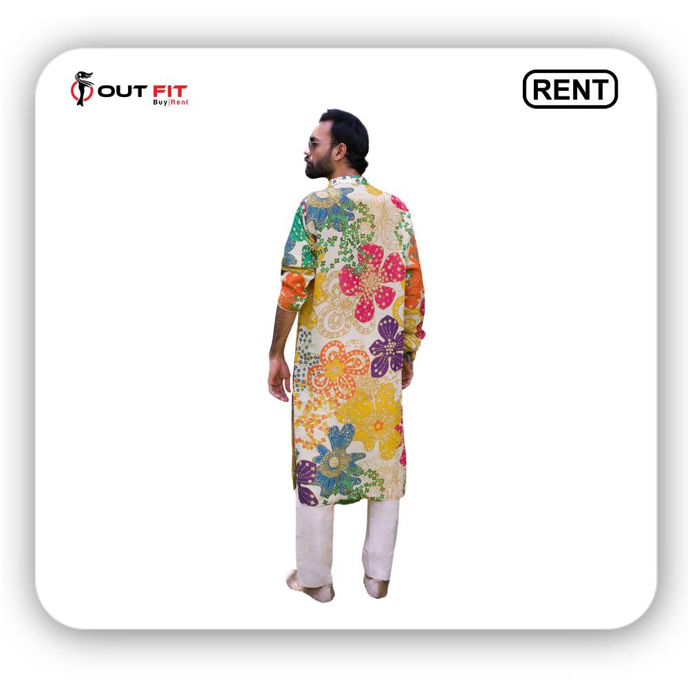 Men's Off White Tissue Organza Print Kurta with Pant on rent in bangalore