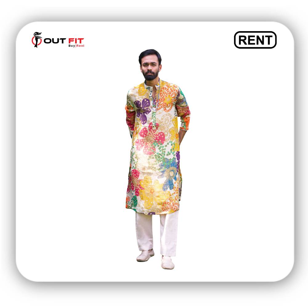 Men's Off White Tissue Organza Print Kurta with Pant on rent in bangalore