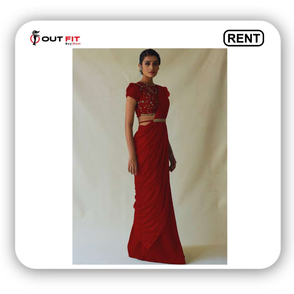 Cherry Red Pre-Draped Saree and Blouse Set on Rent in Bangalore