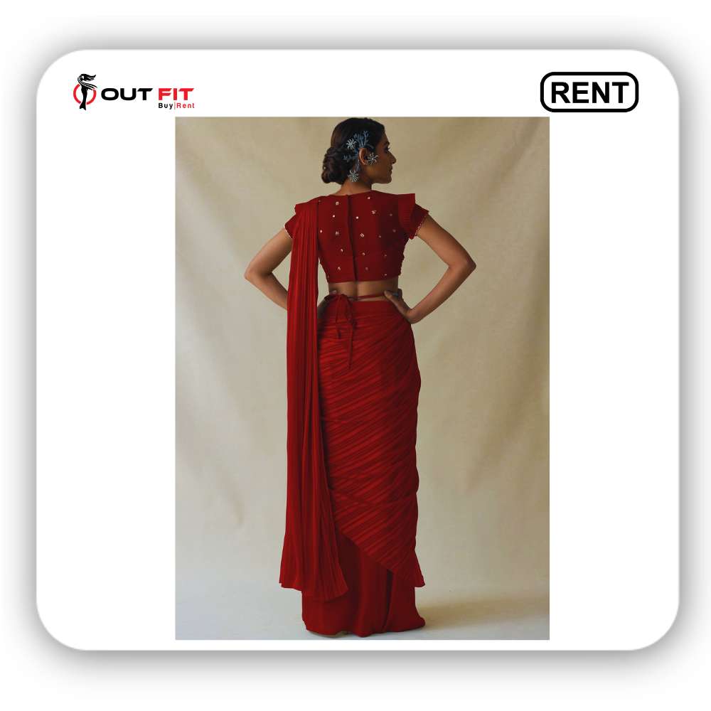 Cherry Red Pre-Draped Saree and Blouse Set on Rent in Bangalore