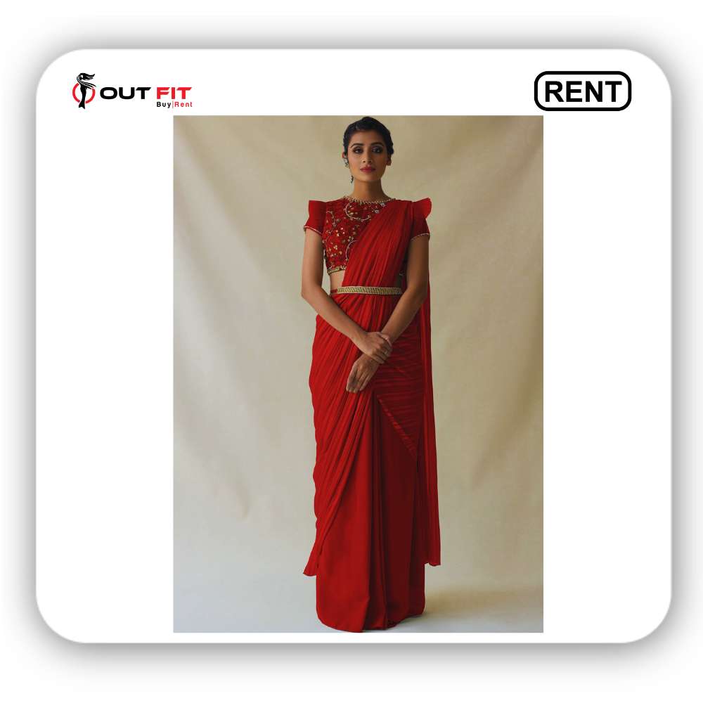 Cherry Red Pre-Draped Saree and Blouse Set on Rent in Bangalore