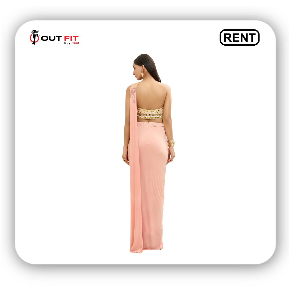 Peach Lycra Embroidered Acrylic Sweetheart Pre-draped Saree With Blouse On Rent