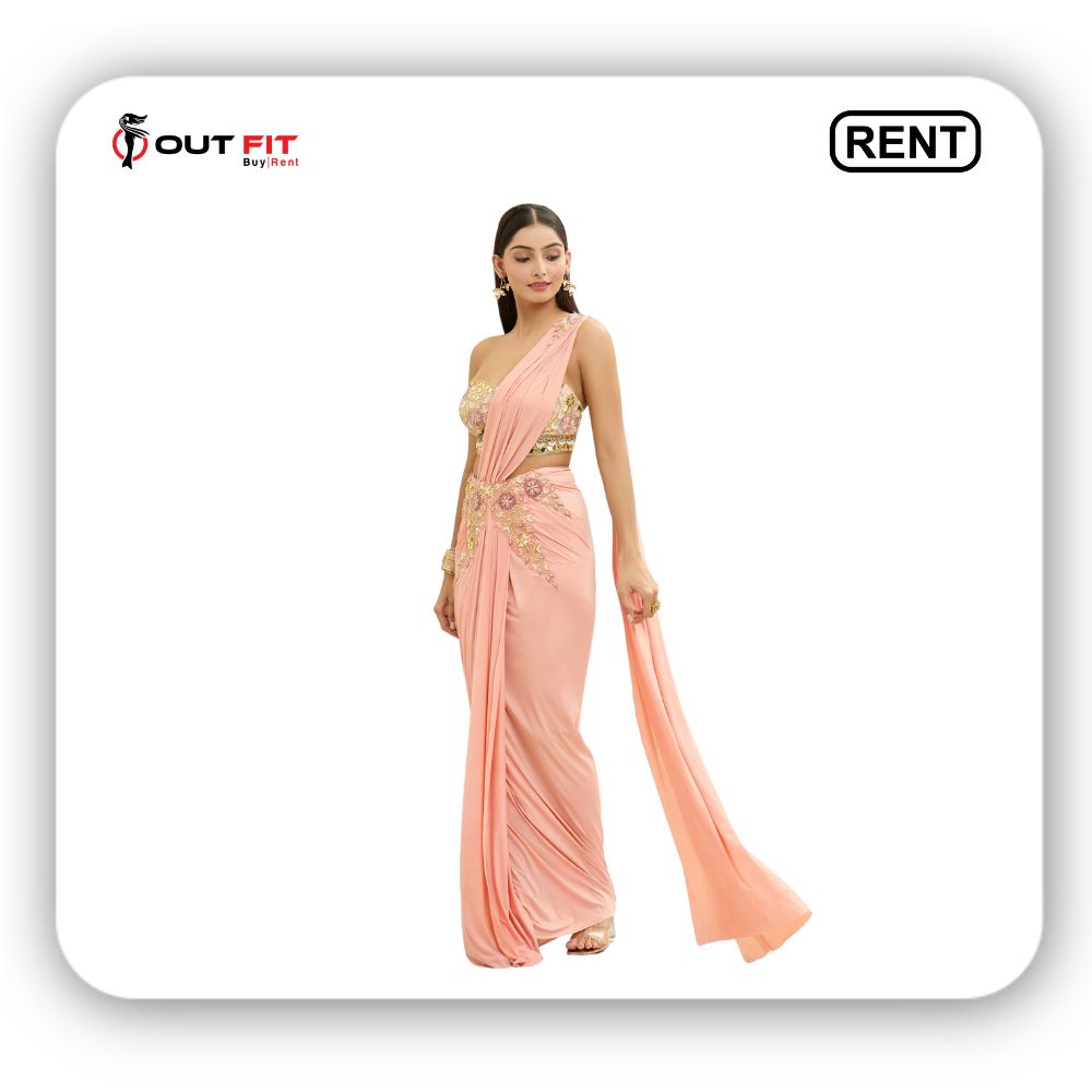 Peach Lycra Embroidered Acrylic Sweetheart Pre-draped Saree With Blouse On Rent