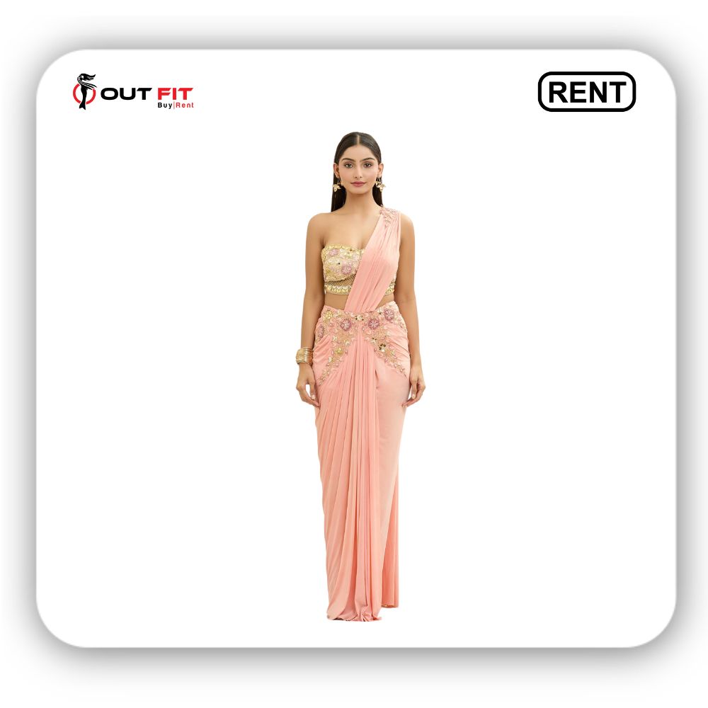 Peach Lycra Embroidered Acrylic Sweetheart Pre-draped Saree With Blouse On Rent