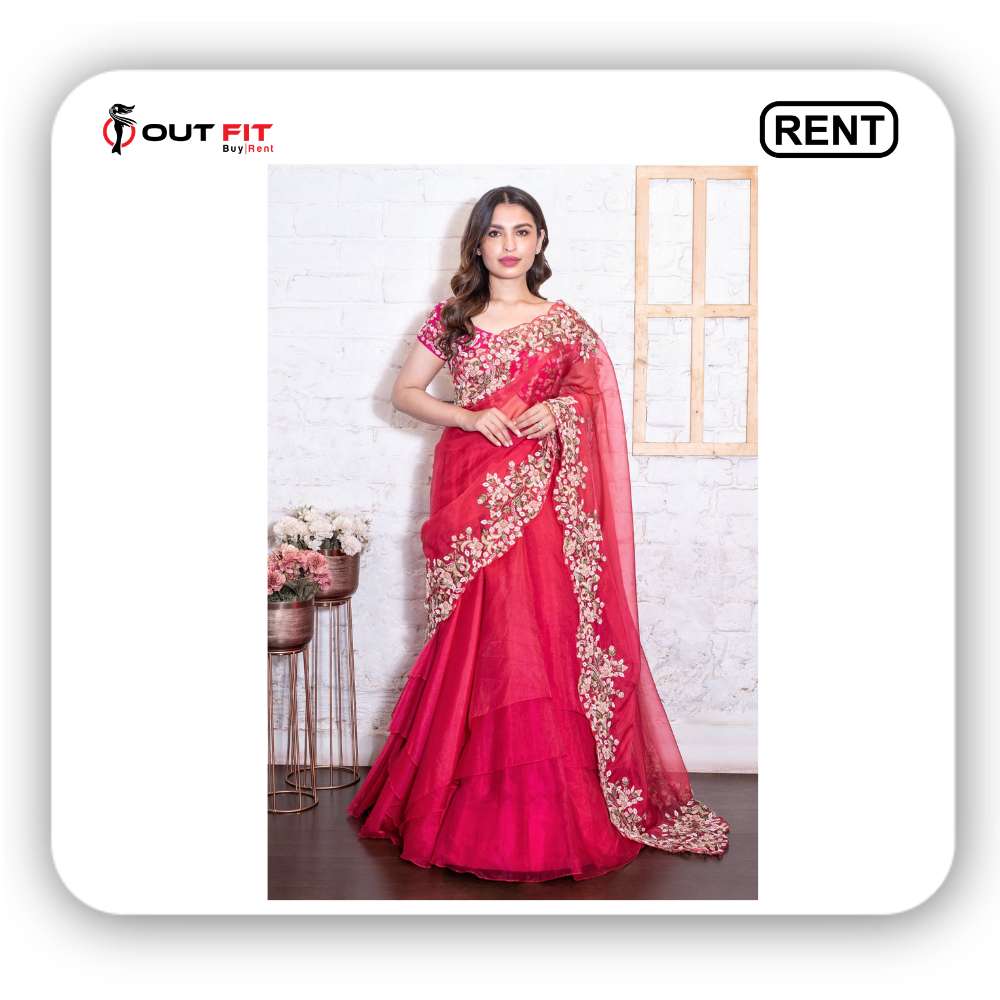 Pink Bamberg Silk Embroidery Sequin V Neck Lehenga Saree With Blouse on rent bangalore (2)