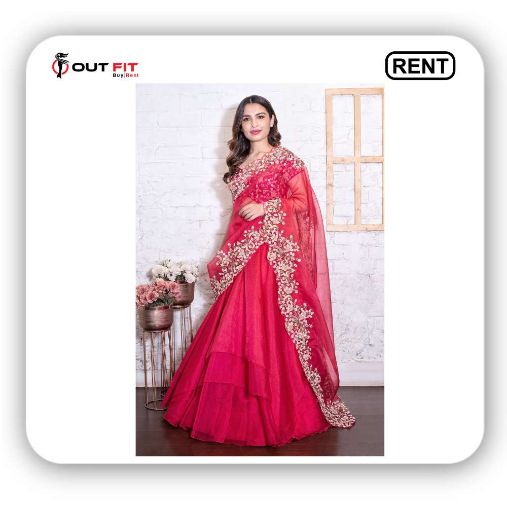 Pink Bamberg Silk Embroidery Sequin V Neck Lehenga Saree With Blouse on rent bangalore