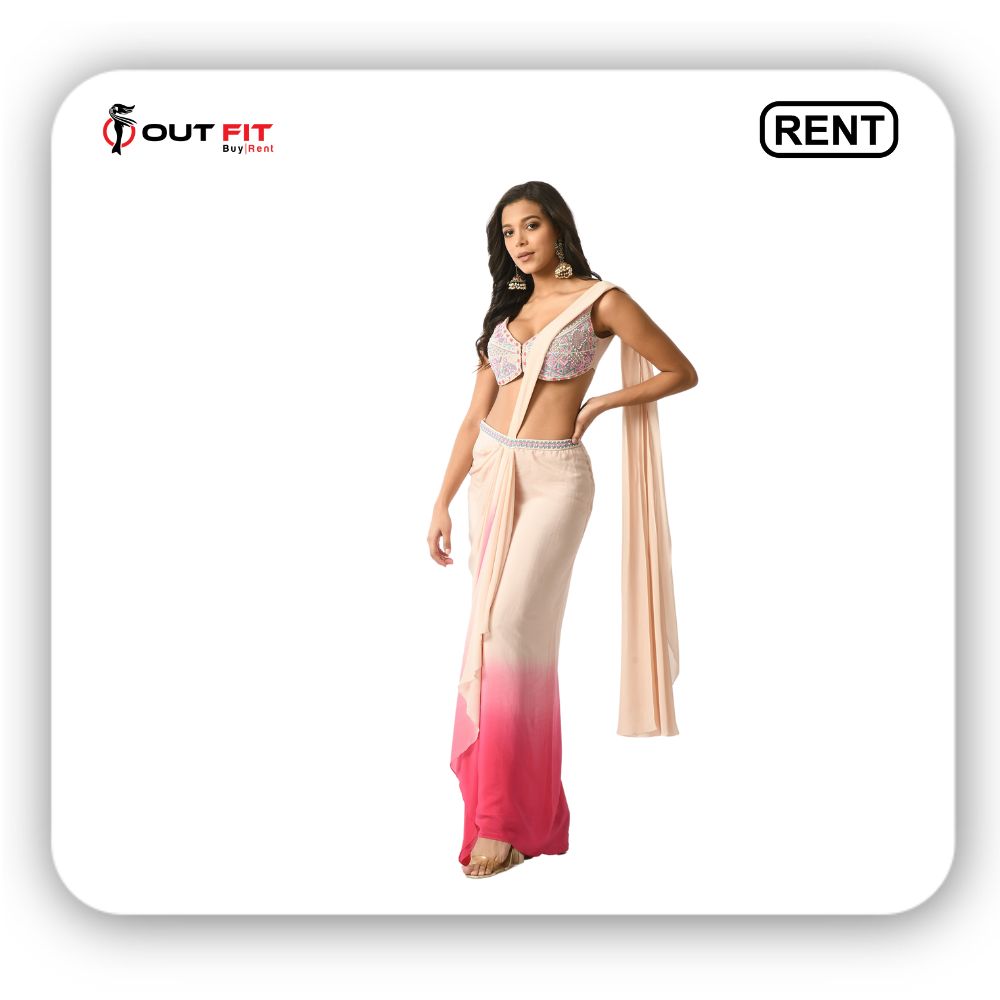 Pink Crepe Embellished Ombre Pre-draped Saree With Embroidered Blouse On Rent