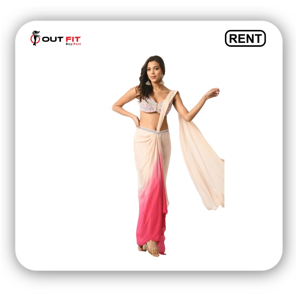 Pink Crepe Embellished Ombre Pre-draped Saree With Embroidered Blouse On Rent