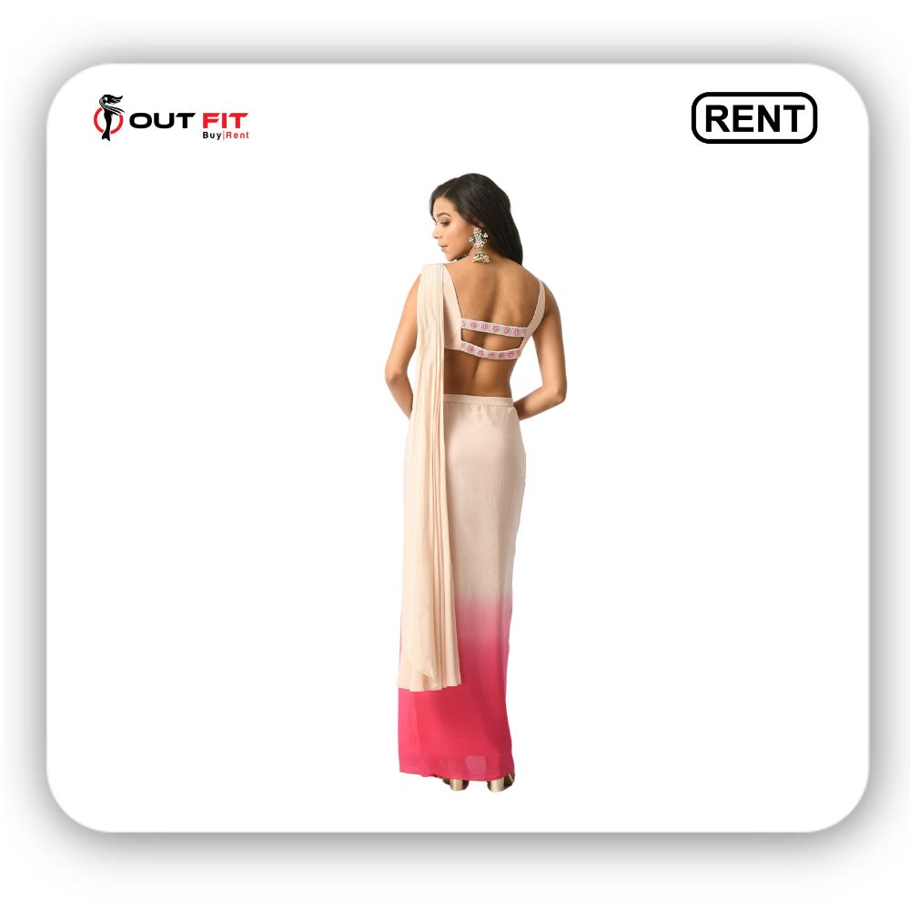 Pink Crepe Embellished Ombre Pre-draped Saree With Embroidered Blouse On Rent